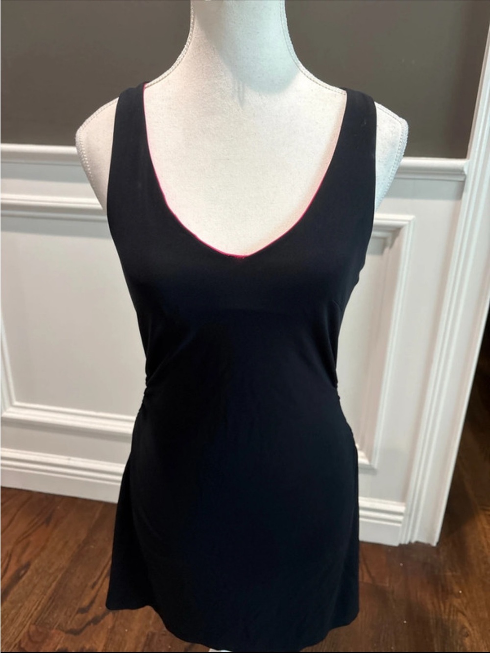 Black V-Neck Ruched Tank  Dress with Pink Trim Open Back built in bra